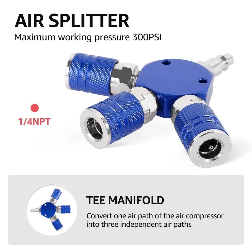 3 Way Quick Connector Air Compressor Manifold 1/4inch Hose Fitting Max 300psi Coupler Manifold Multi Splitter