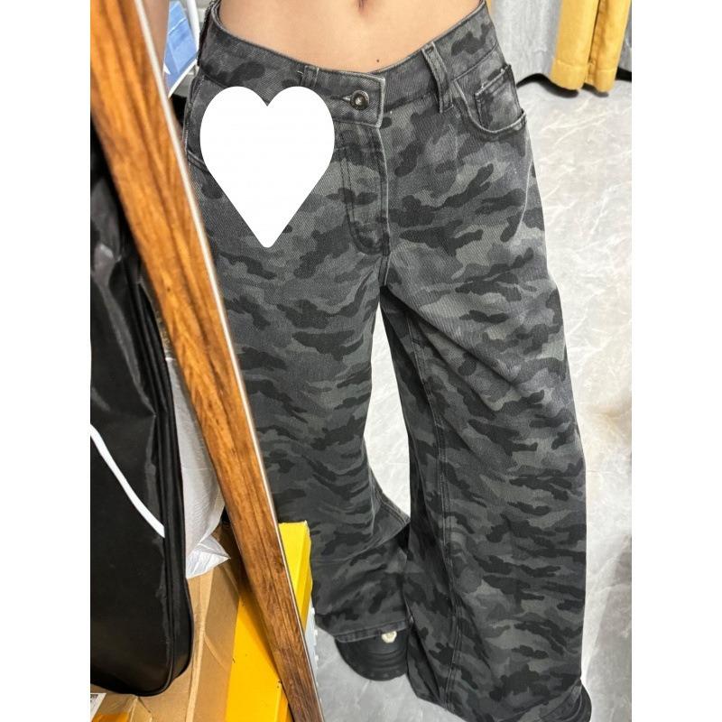 American Camouflage Jeans Women's High Waist Loose Straight Tooling Wide Leg Pants Tide Spring New