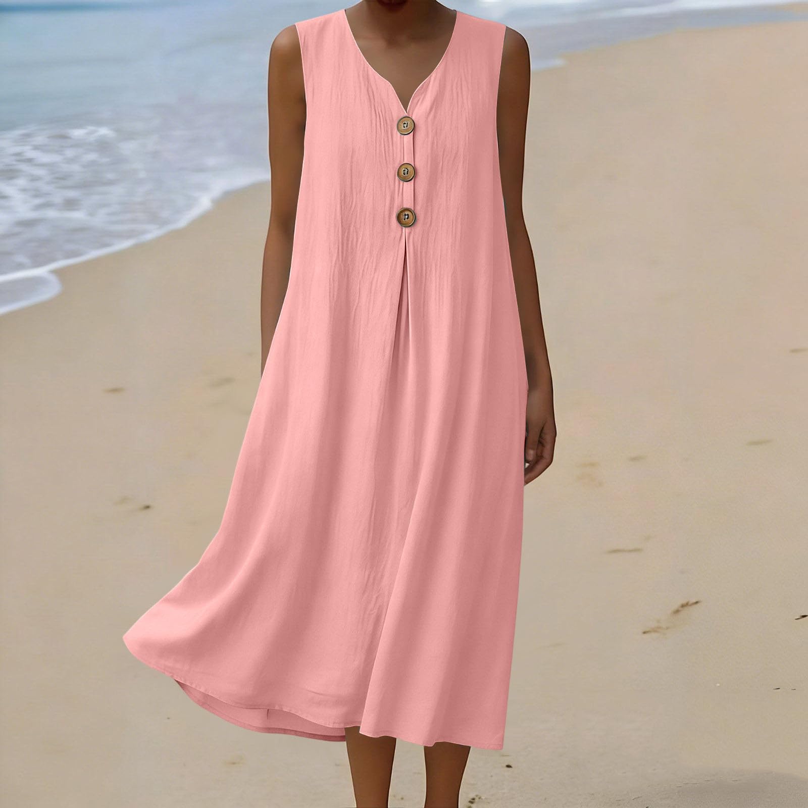

Sleeveless V Neck Midi Dress for Women with Front Pleat and Decorative Button Loose Fit Casual Style XL