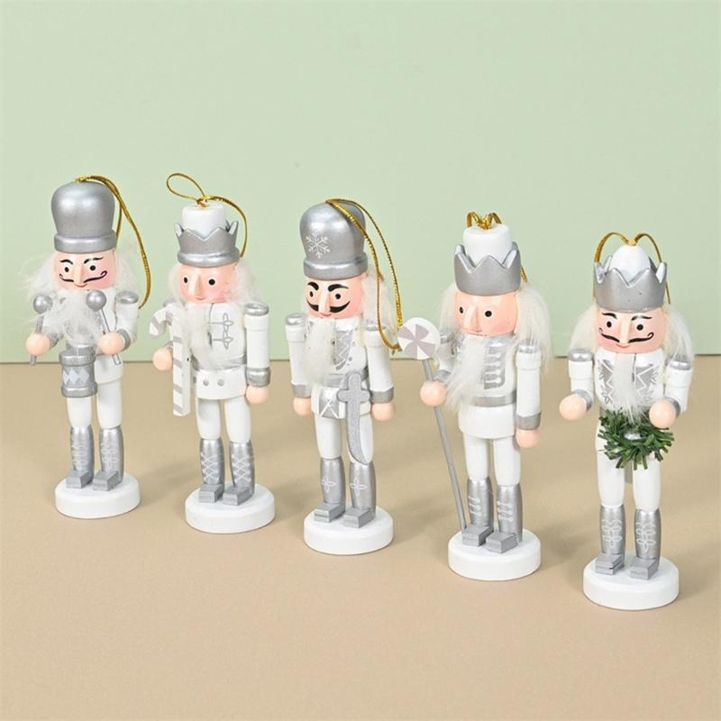 Pack of 5 Miniature Silver Nutcrackers Figurine Charm Accessories Wood Hanging Pendant Holiday Decoration Supplies