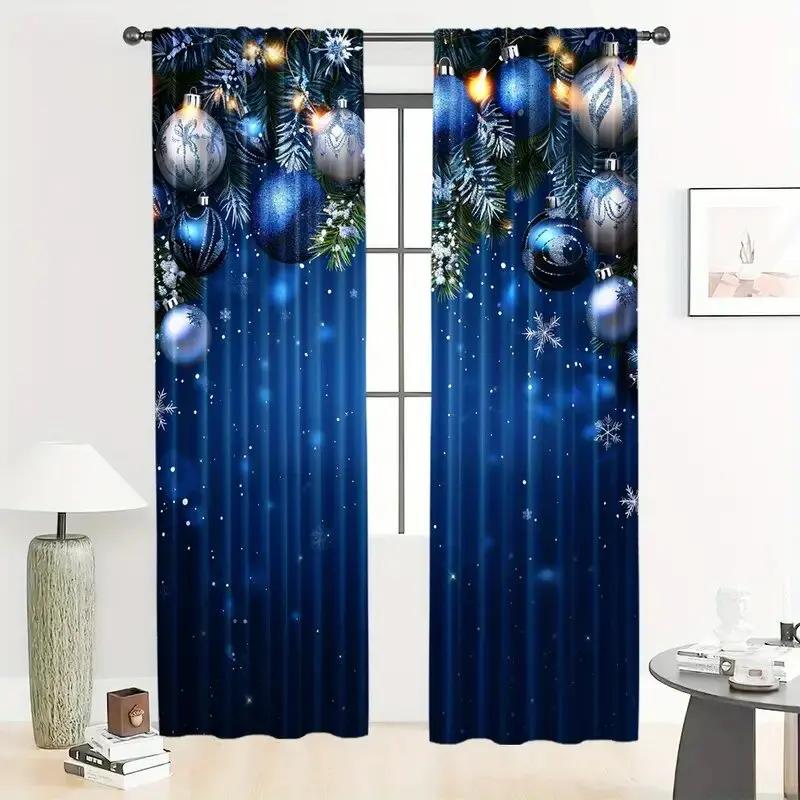 Set Of 2 Christmas Curtains Blue Balls Polyester Printed Home Decoration Room Curtain Made