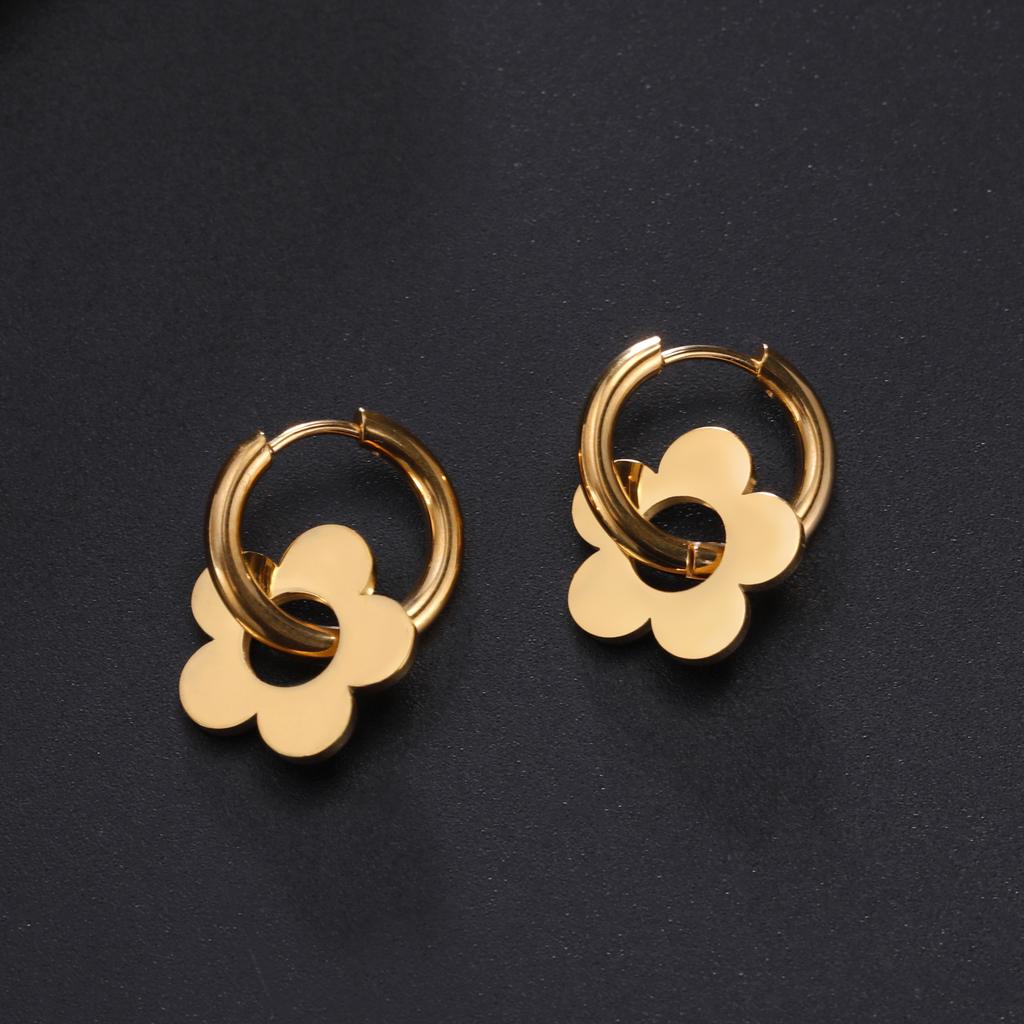 Kkjoy Stainless Steel Five petal flower pendant Earrings for Women Gold Color Hoop Earrings Minimalist Fashion Jewelry Gifts