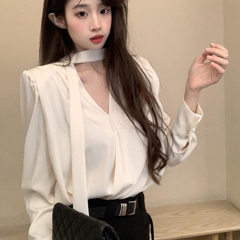 

French Light Luxury Temperament Celebrity Halter Neck Shirt Women s Spring and Autumn Women s Chic Shirt High-end XL білий