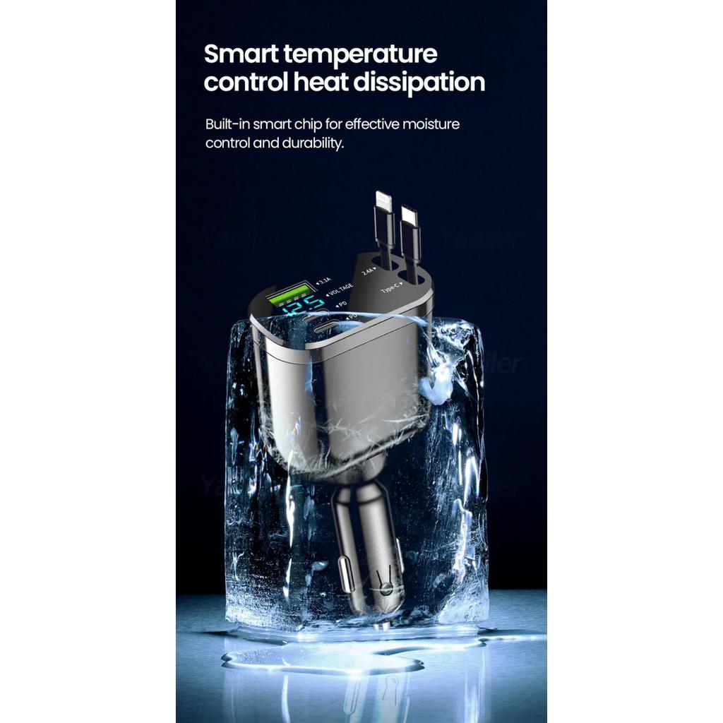 NEW 5-IN-1 100W Retractable Car Charger Mobile Phone USB PD Type C Cable for IPhone Fast Charge Cord Car Socket Adapter