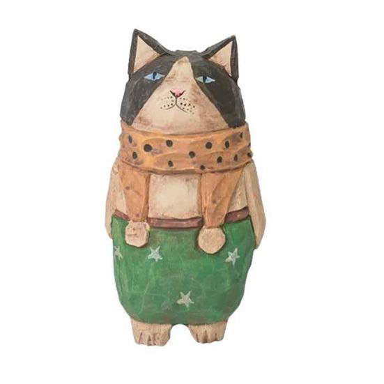 Wooden Hand-Carved Cat Figurine Artistic Kitten Ornament Rustic Collectible Kitty Sculpture Unique Desktop A