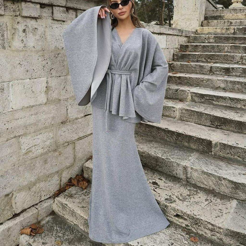 European and American Autumn/Winter Long Loose Cardigan & V-Neck Tie-Up Top with Midi Skirt Set