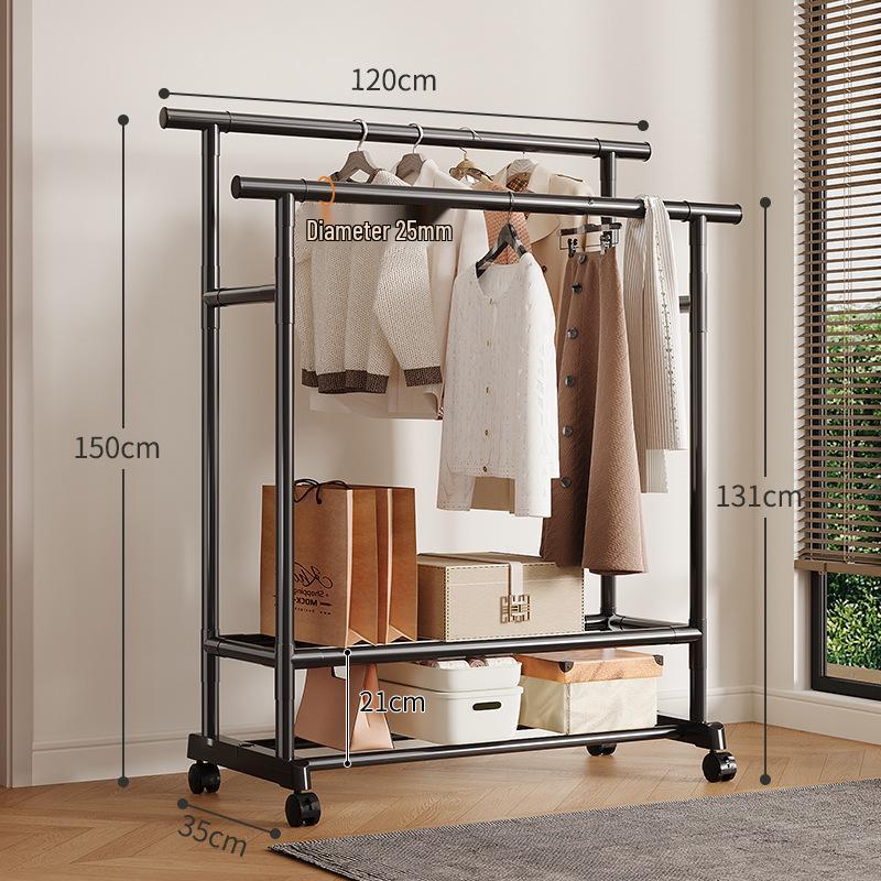 Extra Thick Double Row Vertical Clothes Rack with Wheels for Bedroom Storage