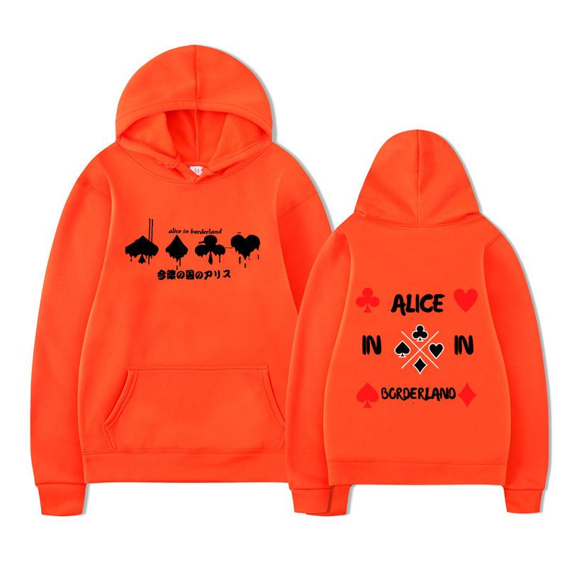 Alice in Borderland Hoodie – Unisex Black Double Sided Fleece Sweatshirt, Playing Card Suits & Japanese Kanji Drip Print, AIB Anime Streetwear