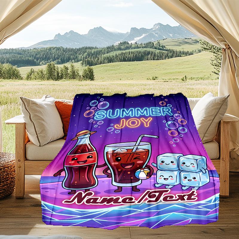 1PC Custom Name Summer Joy Drink Outdooor Flannel Blankets Throw Blanket All-Season Throw Gift Bedspread for Couch, Bed, Camping Holiday Birthda