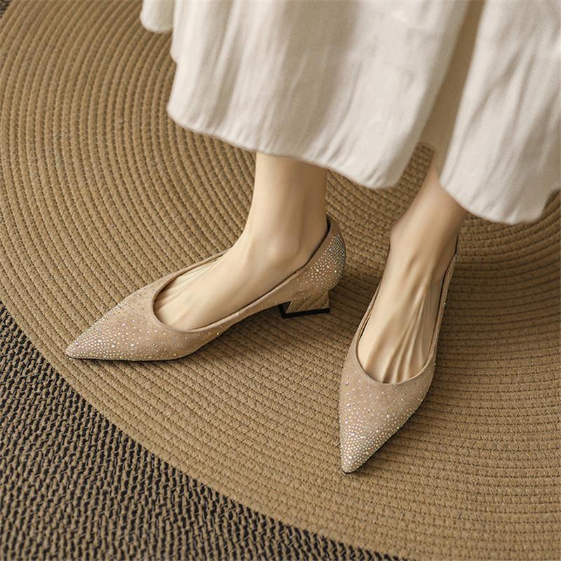 Fashion New Spring/Summer Sheep Suede Women Pumps Shoes for Women Fashion Hot Fix Pointed Toe Loafers Shoes Women Chunky Heels Ladies