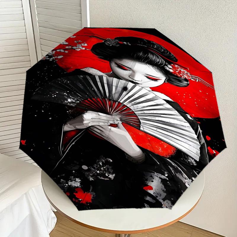 1pc Geisha Sakura Automatic Open/Close Umbrella Compact Folding Umbrella with 8-Rib Shaft for Women/Men, Elegant Birthday1182S