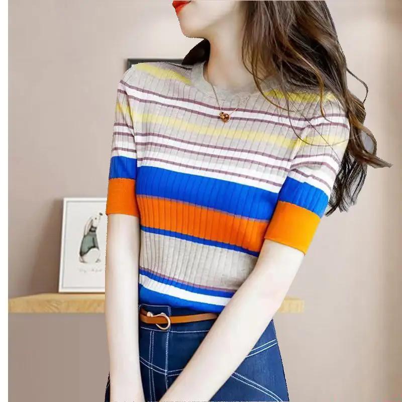 Summer Women's Color Block Striped Knit Top Crew Neck Short Sleeve Slim T-Shirt