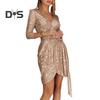 Women Evening Dress V Neck Long Sleeve Shiny Sequin Belted Tight Waist Irregular Hem Solid Color Soft Breathable Pullover Elastic Above Knee Length