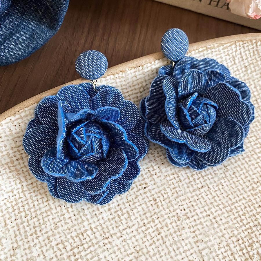 Blue Oil Drop Crystal Flower Round Earrings Stud Earrings Design Sense Niche