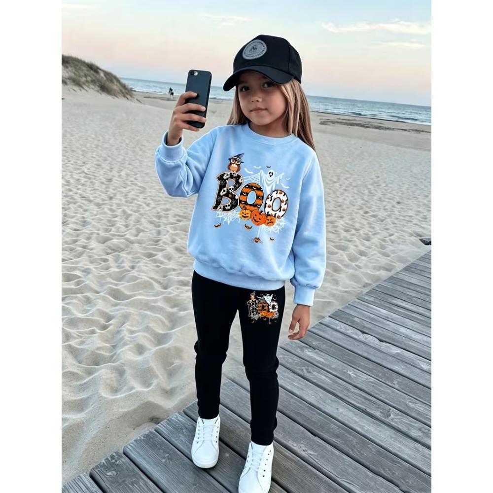Girls' Halloween Boo Casual Comfortable Soft Loose Pullover Sweatshirt and Leggings 2-Piece Set, New Autumn/Winter, Playful, Sweet and Cool Style