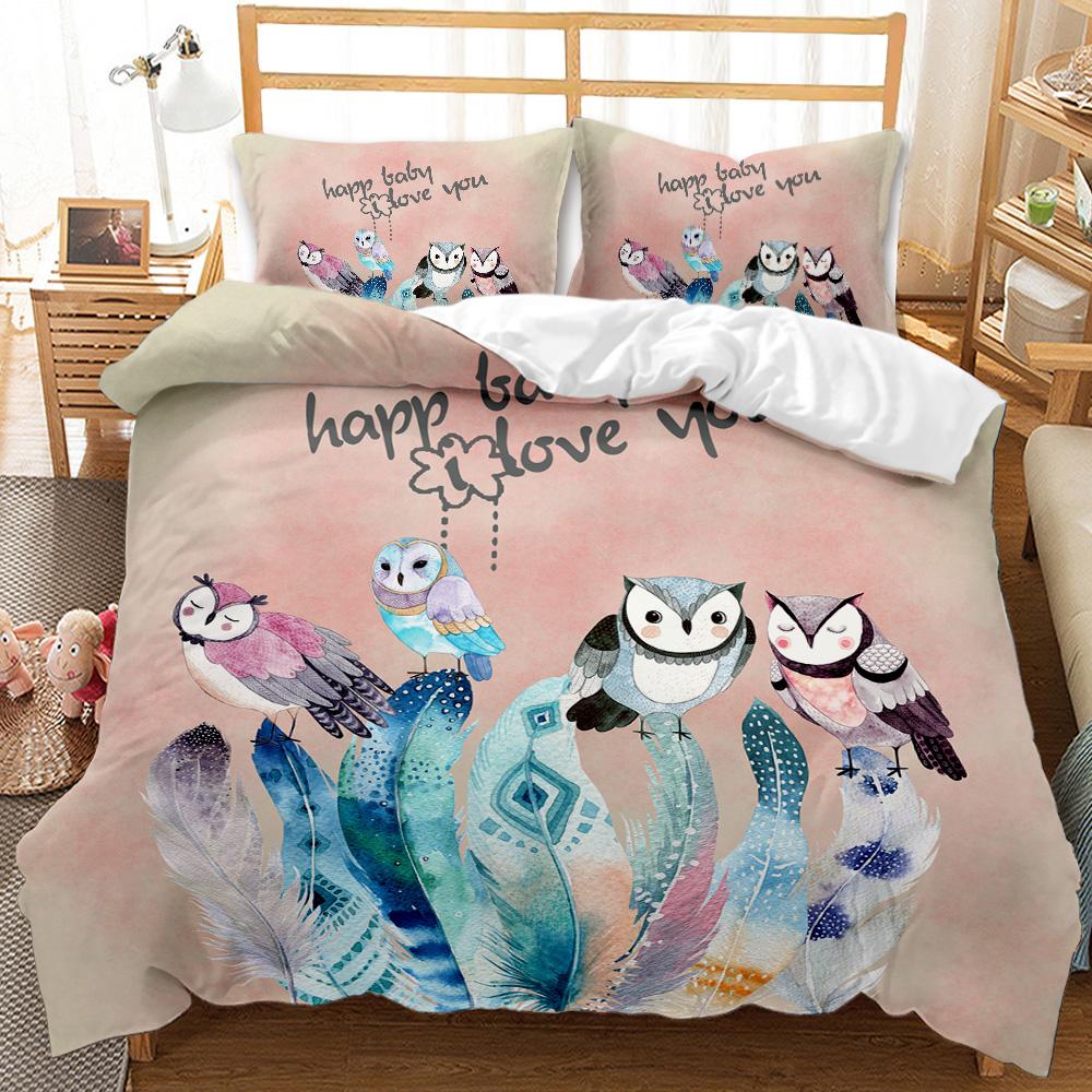 Cartoon Owl Child Duvet Cover Set,Mysterious Forest Retro Boho Design Bedding Set With 2 Pillow Shams, Queen/King/Full/Twin Size