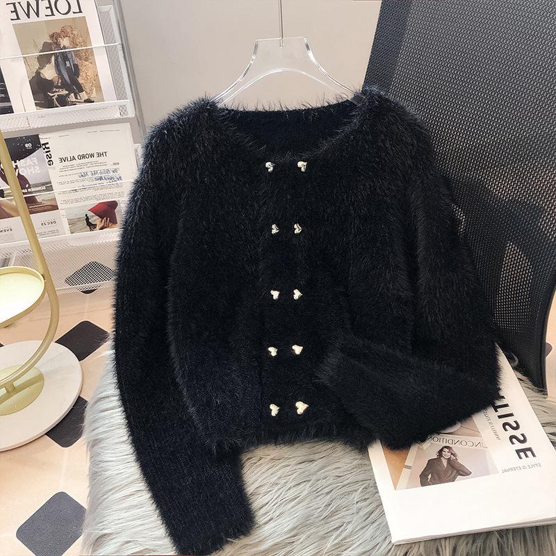 Cardigan double boutonnage en velours vison pour femme - Automne/Hiver 2025, Court à col rond Style Little Coco.