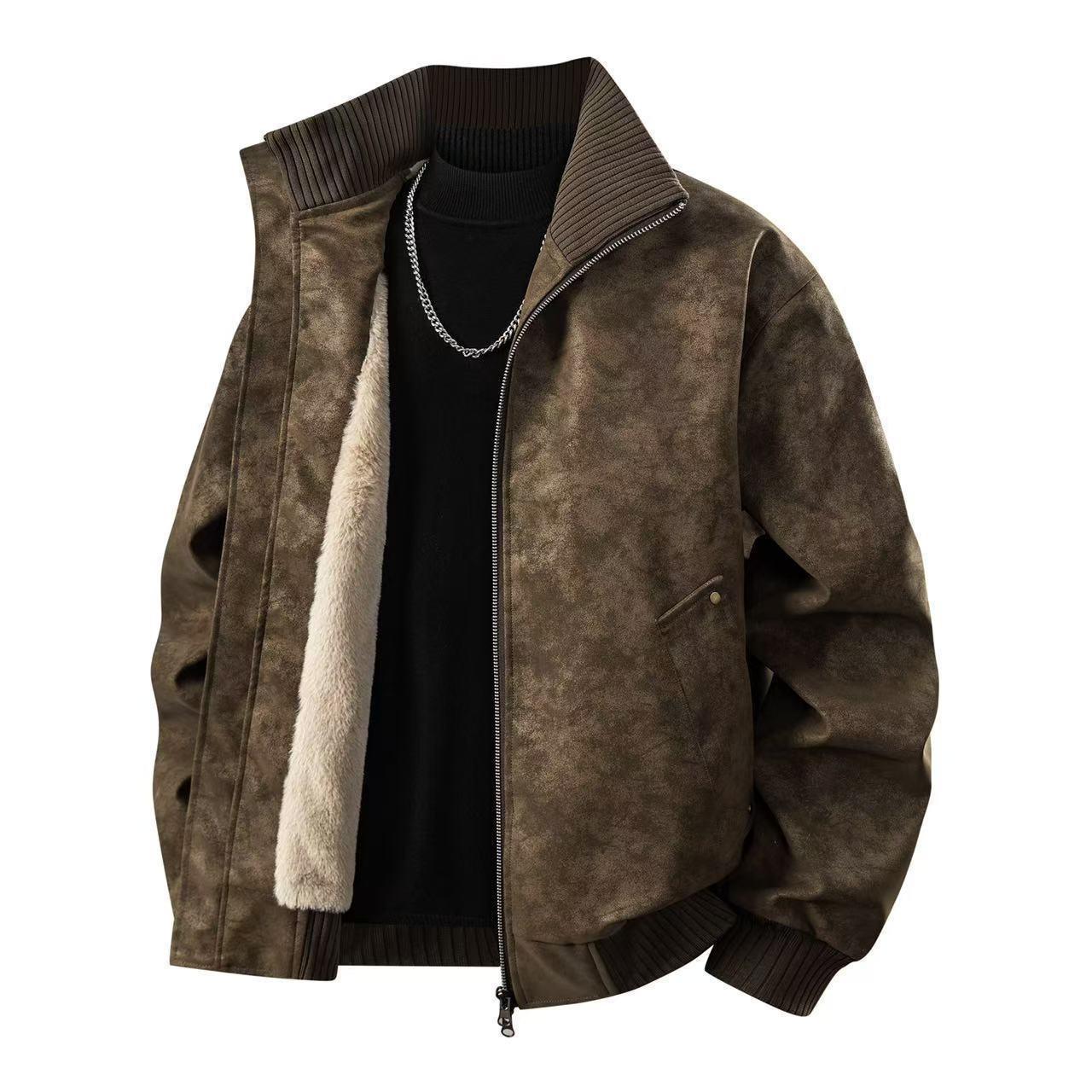 

Men s Lambswool PU Leather Winter Jacket - Loose Fit, Padded, and Warm L світло-коричневого кольору