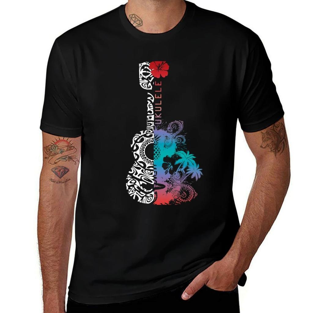 Ukulele Hawaiian Tattoo Tshirt Soft Stretch Short Sleeve Top Tshirt