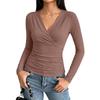 Women's Long Sleeve V-Neck Ruched Top Slim Fit Blouse for Casual Work Everyday Wear