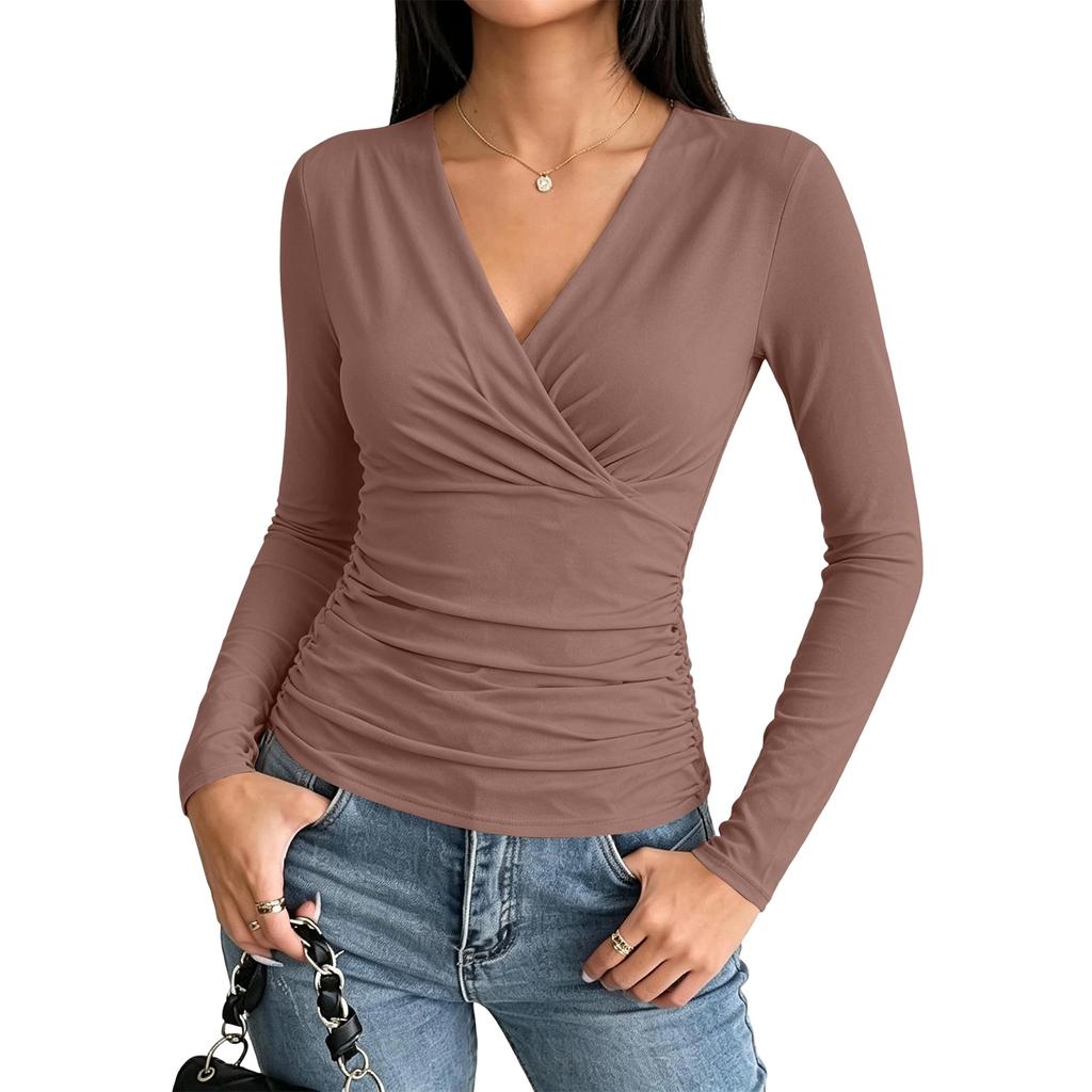 Women's Long Sleeve V-Neck Ruched Top Slim Fit Blouse for Casual Work Everyday Wear