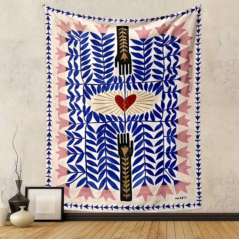 "Broken Heart with Hands and Leaves" Patterned tapestry home decor, suitable for bedroom and living room, gift