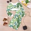 Girls Cartoon 2 Piece Outfits, Long Sleeve Crop Top + Spaghetti Strap Bodycon Dress, Colorful Retro Floral Print Party Dress Set