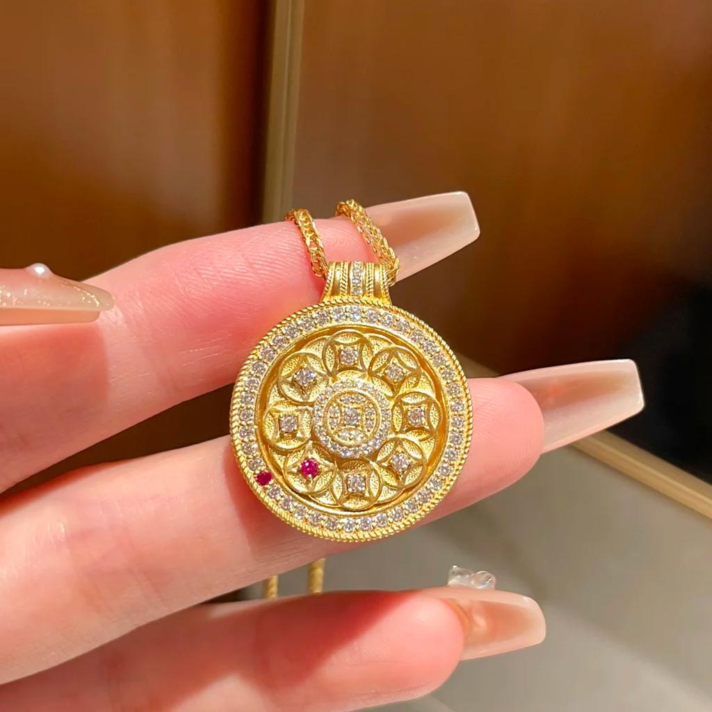 Eastern Blessing Necklace Rotating Eight Directions Wealth Pendant with Diamond Accents