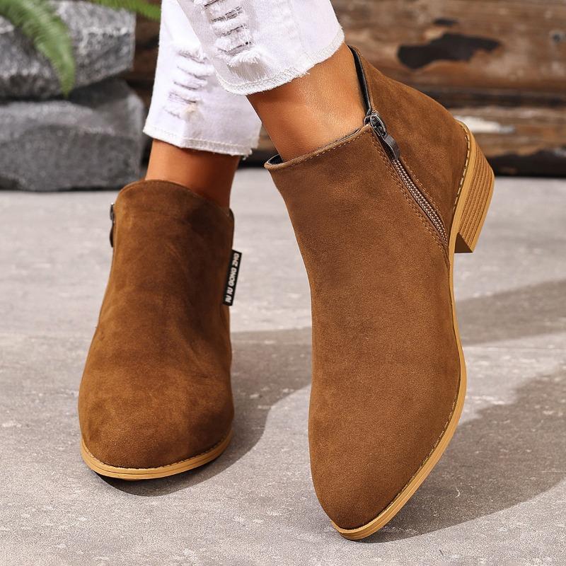Women's Boots Autumn and Winter New Fashion Suede and Bare Boots Side Zipper Square Heel Short Boots