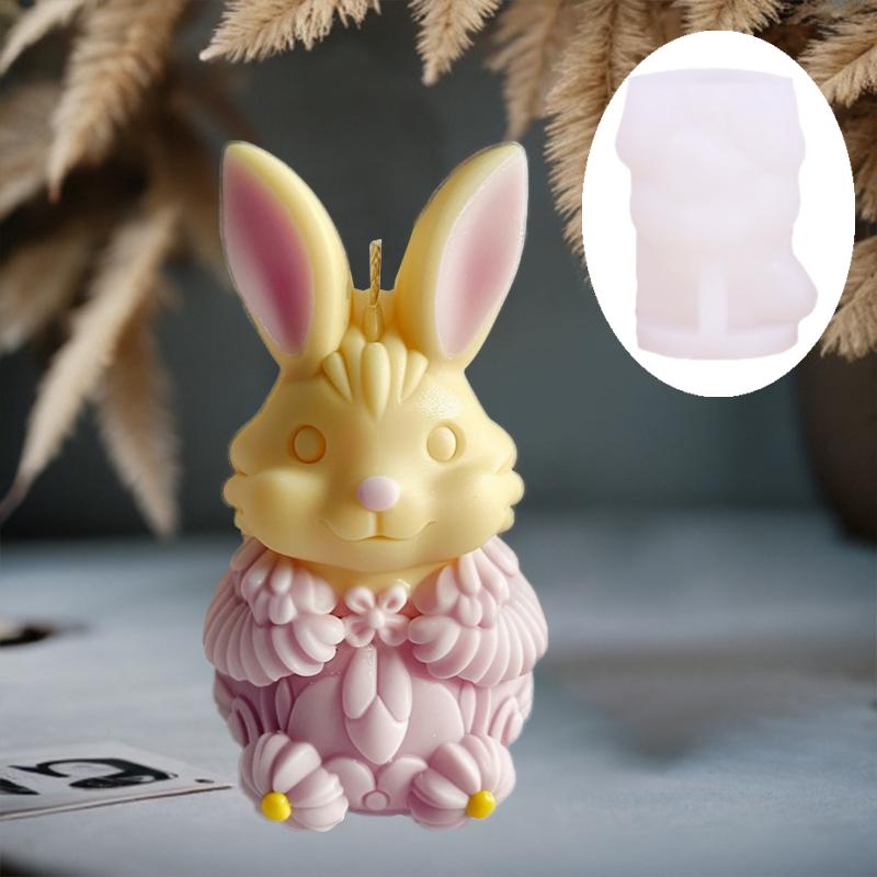 3D Cute Sitting Rabbit Candle Silicone Mold Vertical Ears Flower Rabbits Resin Mould Striped Easter Bunny Concrete Gypsum Molds