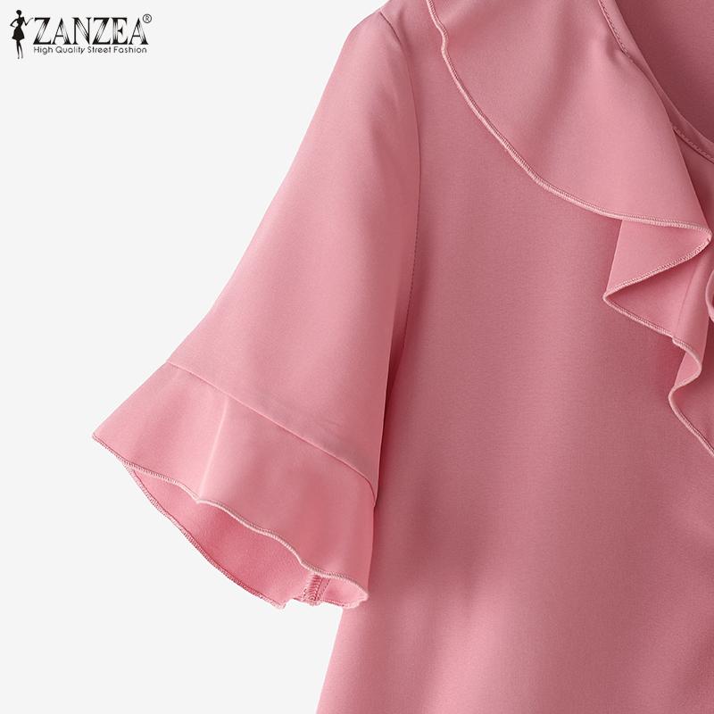 ZANZEA Women Casual Ruffles Round Neck Summer Short Sleeve Blouse