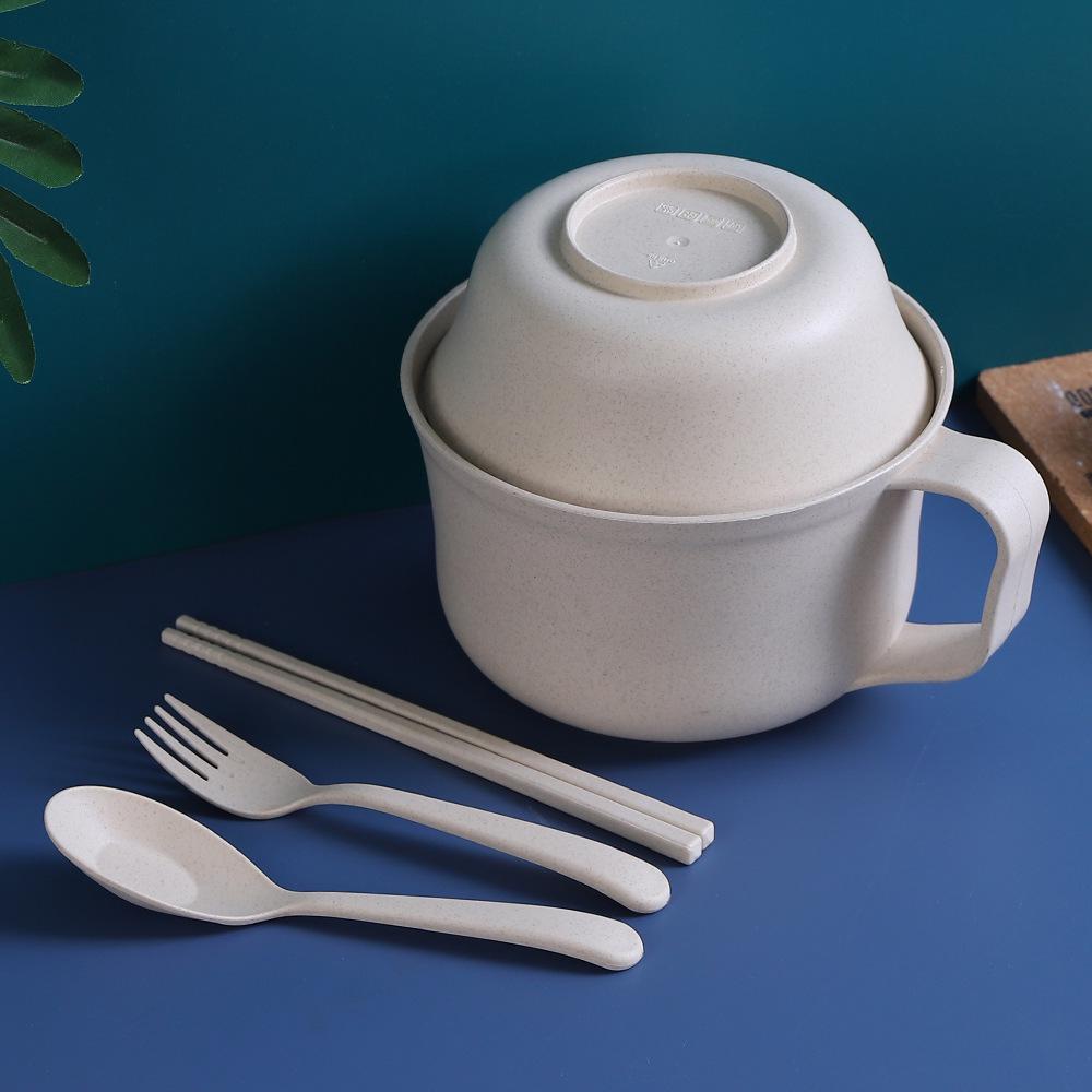 Wheat Straw Noodle Bowl Set with Chopsticks, Fork & Spoon - Ideal for Dorms & Households