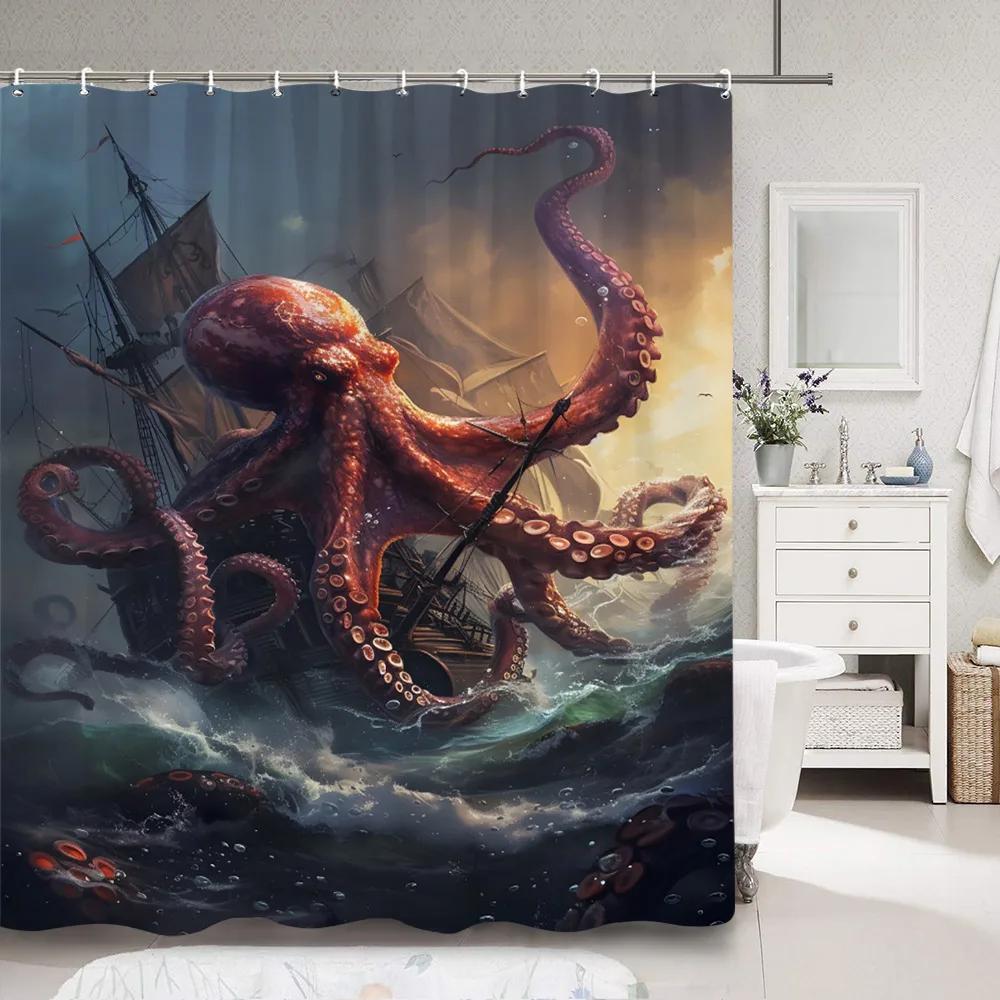 Horror Sea Monster Octopus Shower Curtain Dark Sailboat Ocean Vintage Pirate Ship Wave Polyester Shower Curtains Bathroom Decor