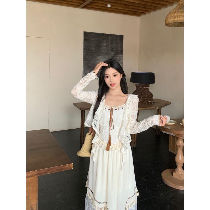 

100.00kg Bohemia Ethnic Lace Skirt Tassel Suspender Skirt Cardigan Export Oversize Women s Clothing Vacation Beach Apricot Sun Shirt M