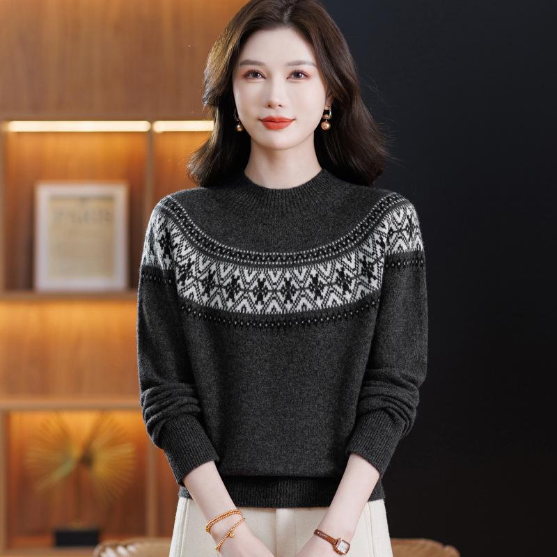 Women's Petite Jacquard Knit Wool Sweater - Autumn/Winter, Half-High Collar, Slimming Base Layer
