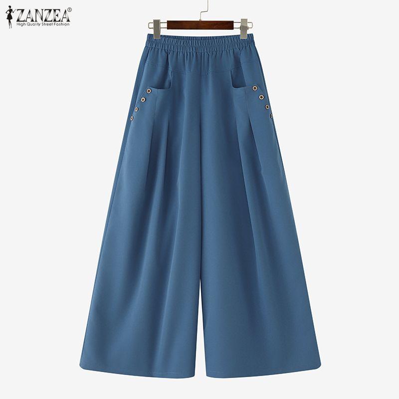 ZANZEA Womens Casual Solid Color Loose Wide Leg Pants
