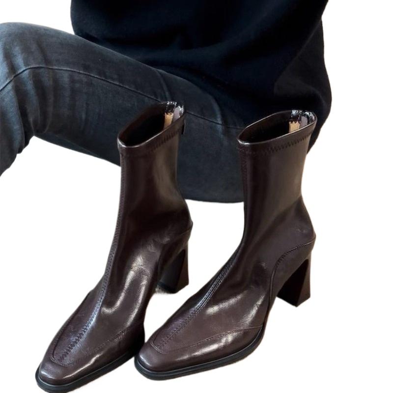 Fashion New Style Fashion Women's Vintage High Heels Women Ankle Boots Fashion Square Toe Short Booties Autumn Winter Ladies Shoes Boots