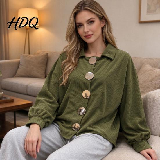 Laternenärmel Mantel Damen Cordjacke mit großen Metallknöpfen Lässig Damen für Herbst Winter Lockere Passform Oversized Kragen Oberbekleidung Knopfleiste