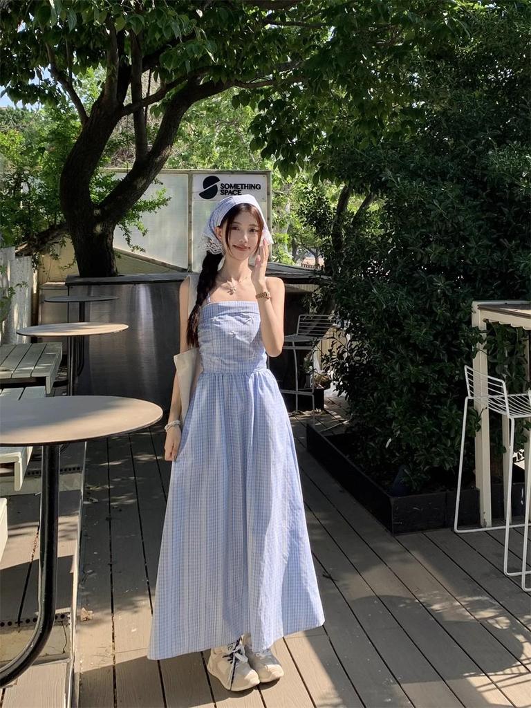 Damen Blau Kariert Ärmellos Spaghettiträger Maxi Kleid
