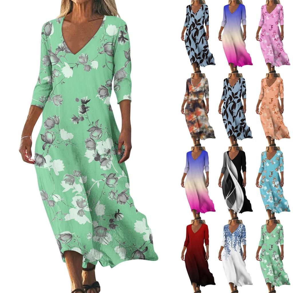 Dresses For Womens Vintage Print Tunic Waisted Midi Dress Summer Casual  3/4 Sleeve Dress