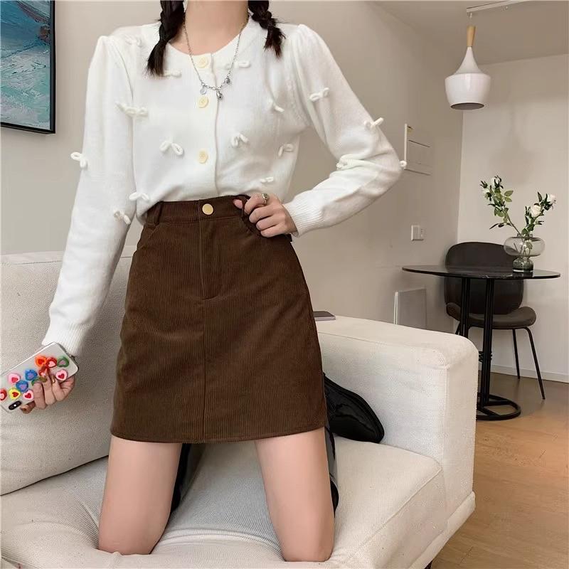 2023 Autumn/Winter Women's High Waist Corduroy A-Line Skirt - Slim Fit, Retro Korean Style, Anti-Exposure Design