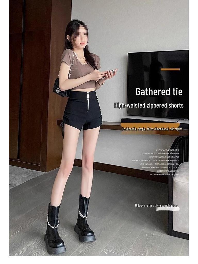 Black High Waist Ruched Drawstring Booty Shorts - Trendy Slim Fit Thong-Style for Spring