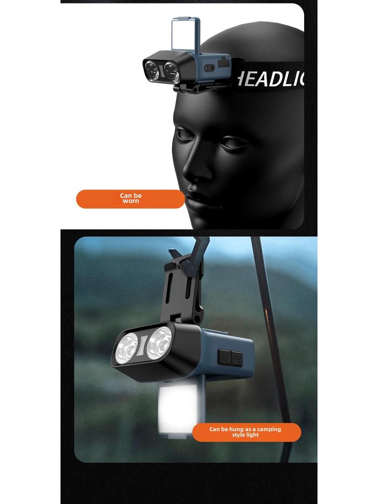 Rechargeable Waterproof Head-Mounted Fishing Light with Induction, Red Emergency Light, High Brightness, Lightweight Design.