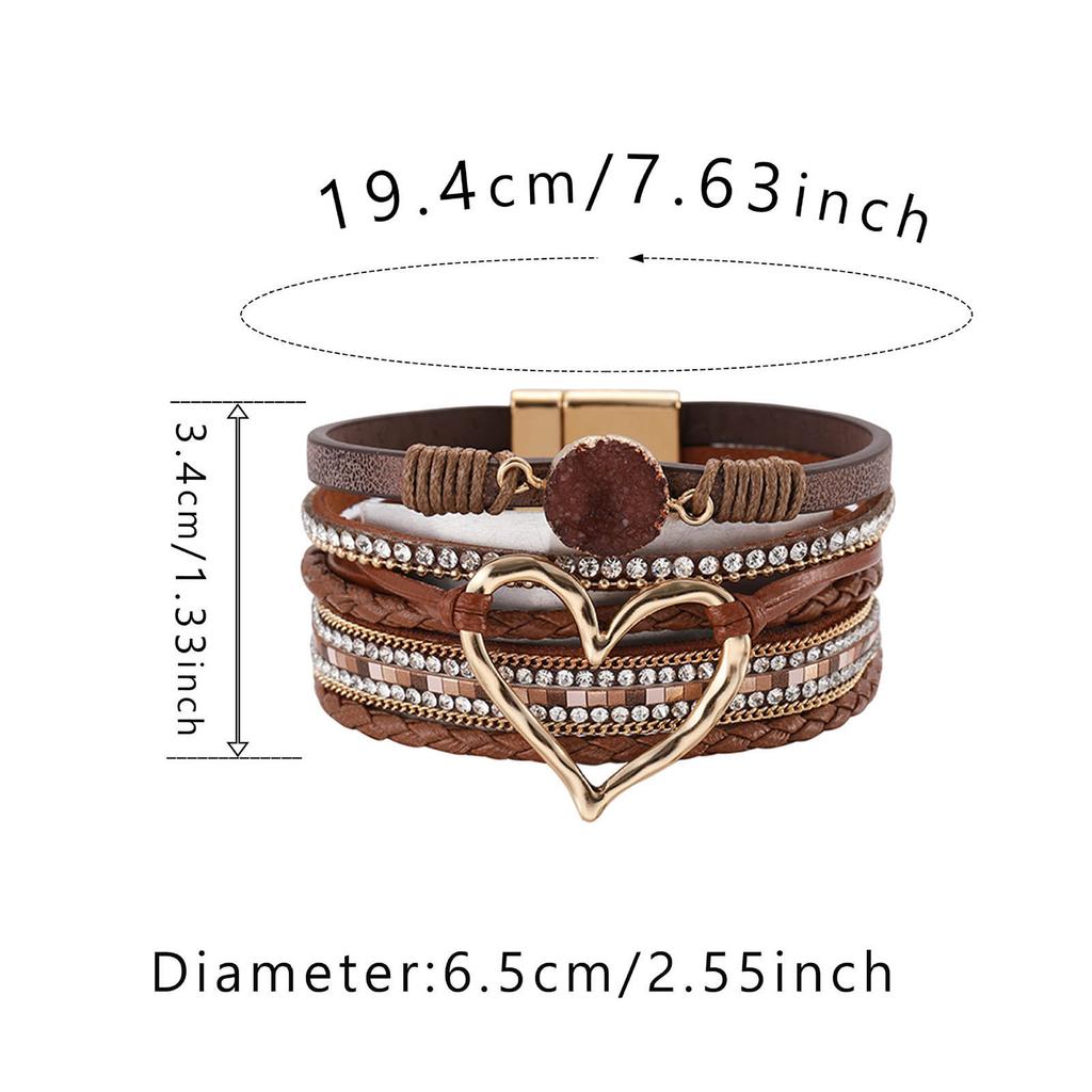 Elegant Heart Leather Wrap Bracelets Stackable Bohomian Cuff Bangles Trendy Rhinestones Bracelets for Women and Girls