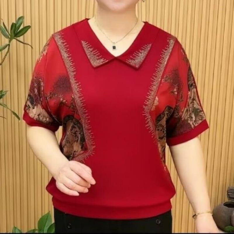 

Винтажная женская одежда Футболка с цветочным принтом Лето Новая мода Короткий рукав Бриллиант Большой размер Свободная Красная Элегантная Повседневная Футболки Топы 4XL кларет