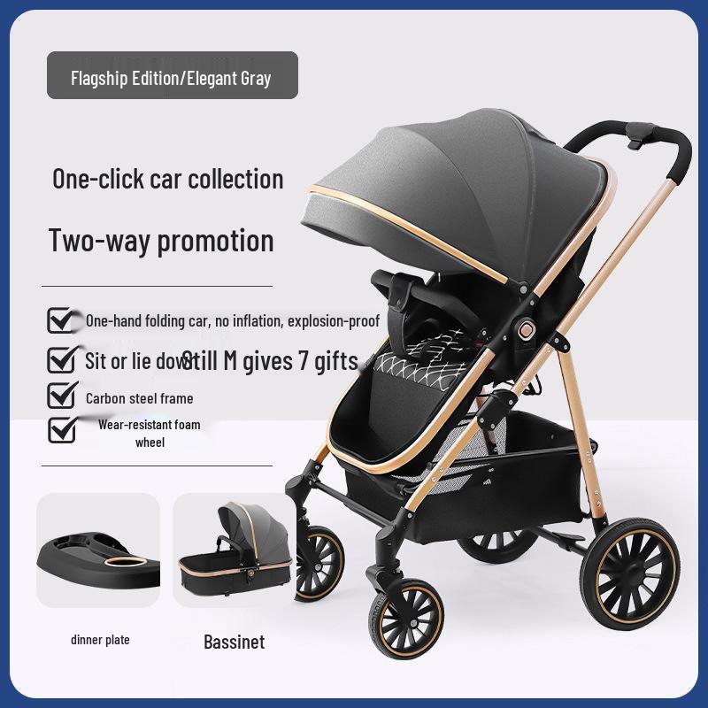 Reversible Baby Stroller with Shock Absorption: Sit & Lie Options, Foldable, High Landscape Design for Newborns.