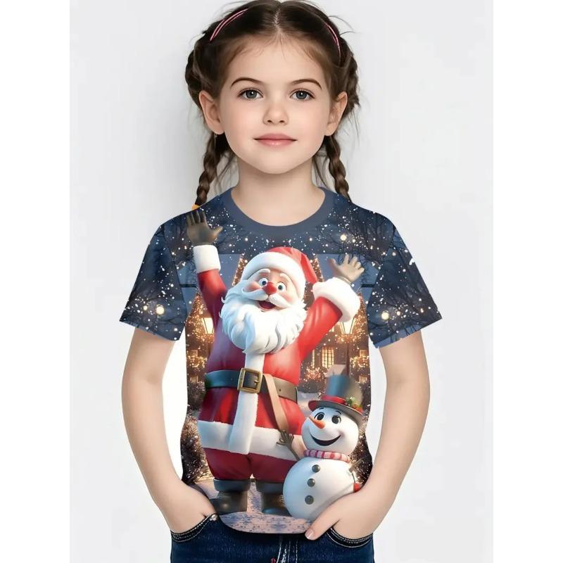 Round Neck 3D Christmas Theme Printed Short Sleeved Children's Girl T-shirts - Soft Medium Stretch Polyester Fabric Summer Relaxed Fit Clothing