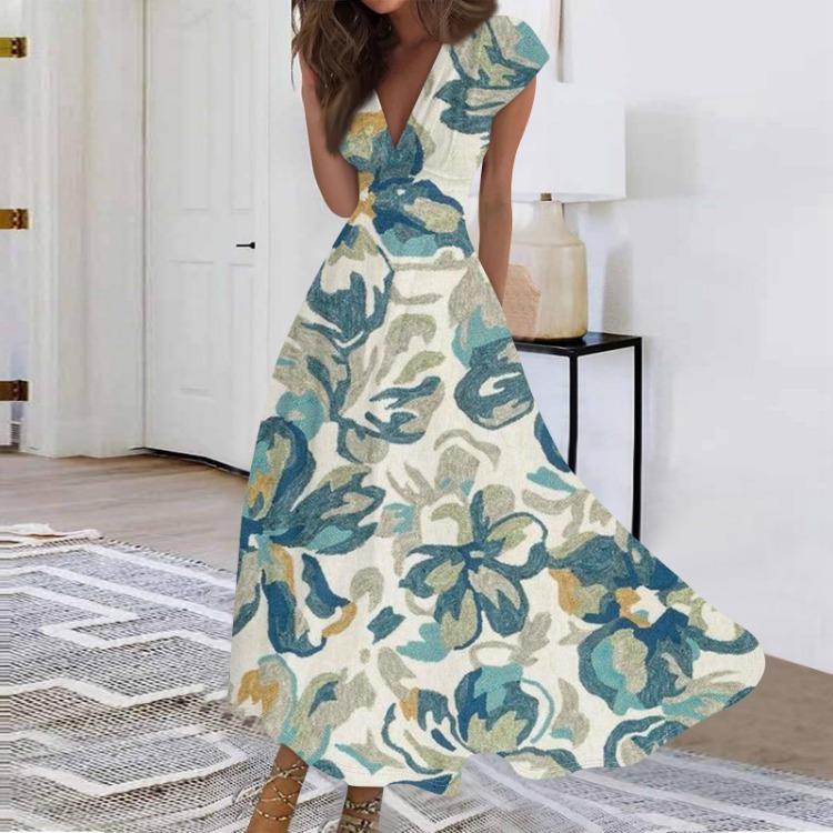 Summer Women Casual Long Dress V Neck Short Sleeve Waist Retraction Printed Flowy Dress