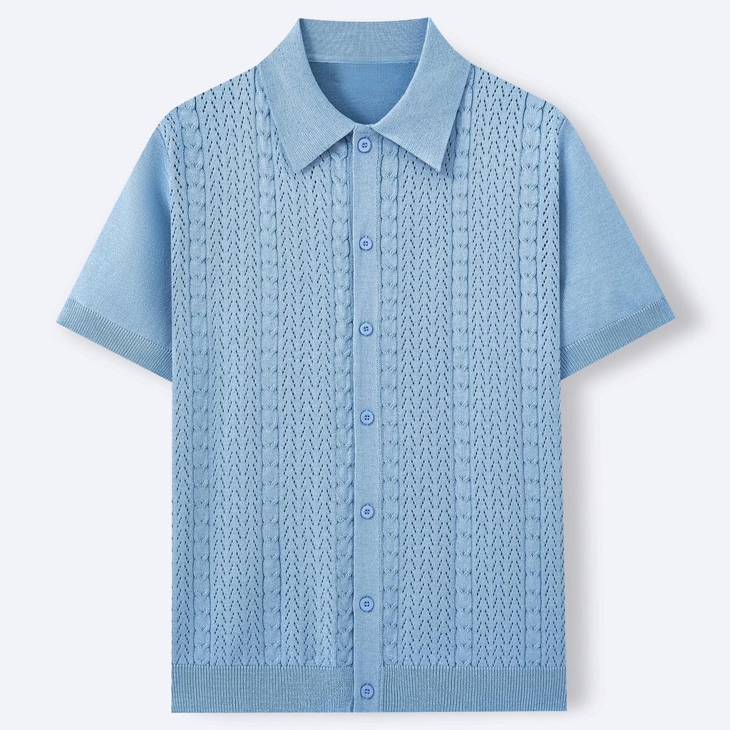 Men's Summer Knit Shirts Short Sleeve Button Down Polo Shirt Beach Knitted Casual Shirt Tops Breathable Lightweight Vacation Vintage Shirts for Male