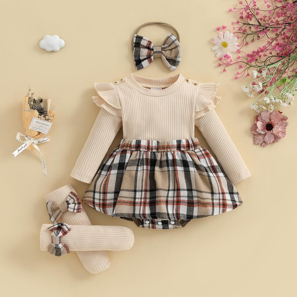 Citgeett Autumn Infant Baby Girl Fall Outfits Long Sleeve Plaid Print Skirt Bodysuit Headband Socks Set Clothes